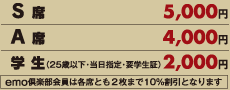 S席 5000円、A席 4000円、学生(25歳以下・当日指定・要学生証) 2000円