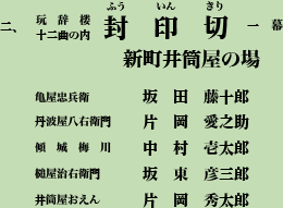 二、玩辞楼十二曲の内 封印切 ふういんきり 一幕
新町井筒屋の場
亀屋忠兵衛 坂 田 藤十郎
丹波屋八右衛門 片 岡 愛之助
傾城梅川 中 村 壱太郎
槌屋治右衛門 坂 東 彦三郎
井筒屋おえん 片 岡 秀太郎