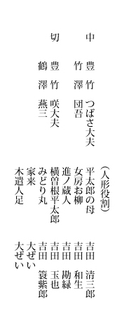 堀川猿廻しの段 前 竹本伊達大夫 稽古娘おつる 桐竹紋吉 鶴澤寛治 与次郎の母 桐竹紋豊 ツレ 鶴澤寛太郎 猿廻し与次郎 吉田玉女 娘おしゅん 吉田文雀 切 豊竹嶋大夫 竹澤宗助 井筒屋伝兵衛 吉田和生 ツレ 鶴澤清丈