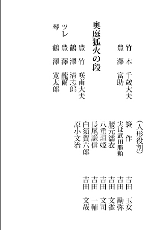 義経千本桜 道行初音旅 静御前 竹本文字久大夫 静御前 吉田清三郎 狐忠信 豊竹咲甫大夫 狐忠信 吉田清五郎 ツレ 竹本相子大夫 竹本文字栄大夫 鶴澤清二郎 鶴澤清丈 豊澤龍爾 鶴澤清公